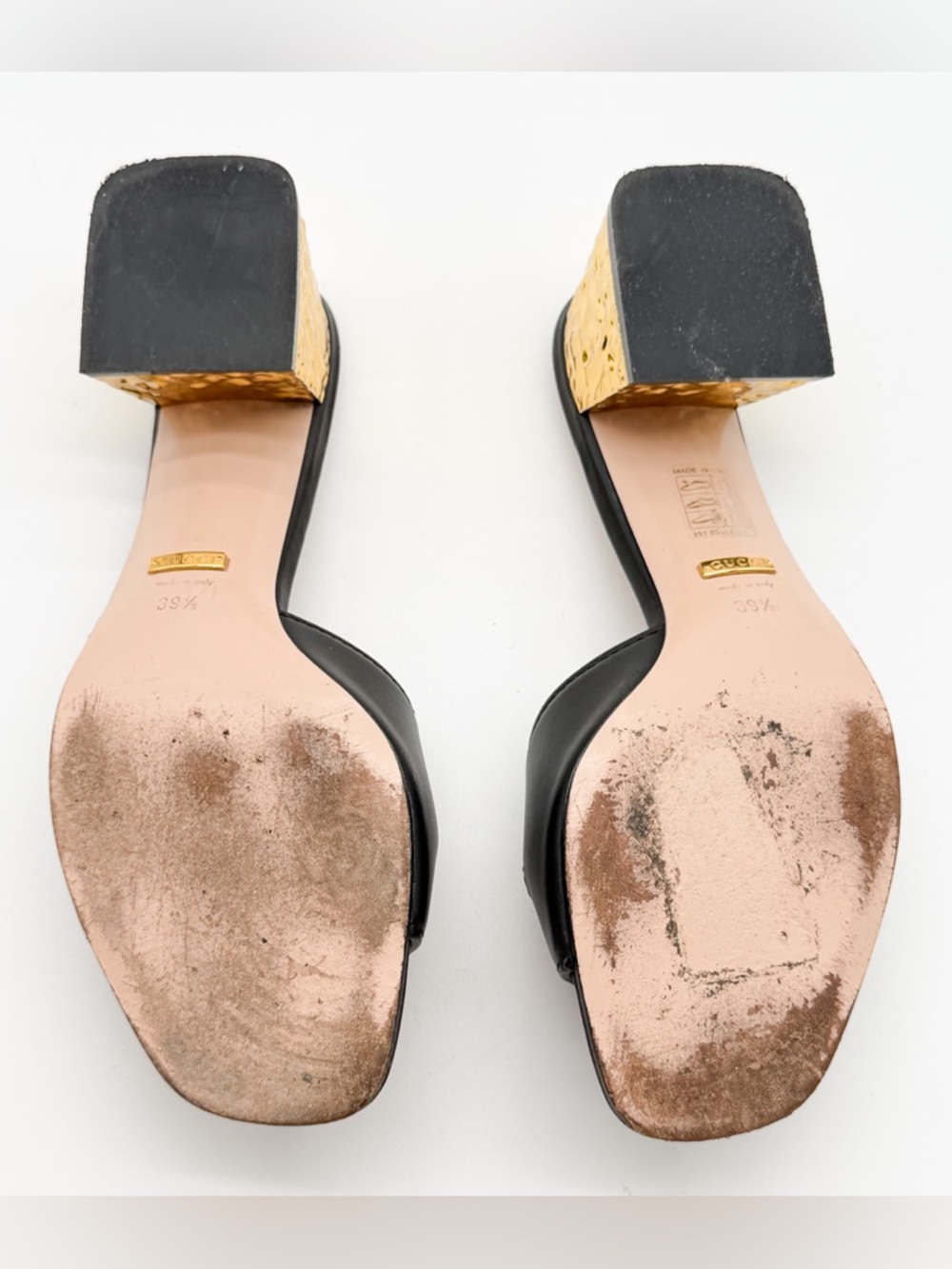 Gucci Cosmos Cut Out GG Slide Black Leather Sandals Gold Heel EU 39.5 US 9.5 - Picture 6 of 11